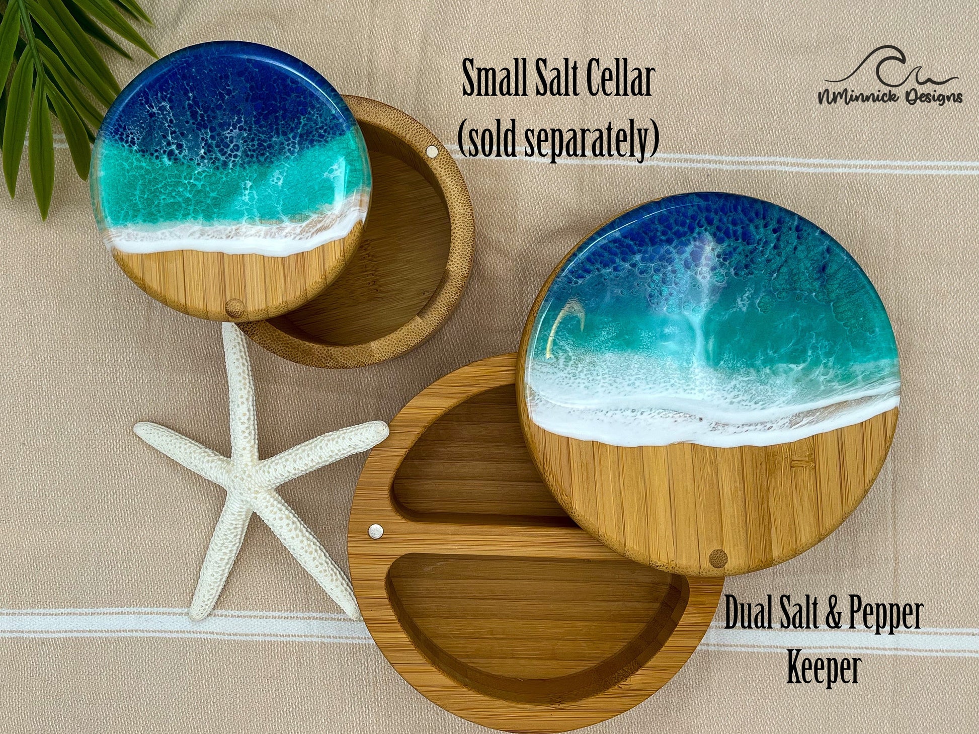 Dual Bamboo Salt and Pepper Holder with Ocean Resin Art