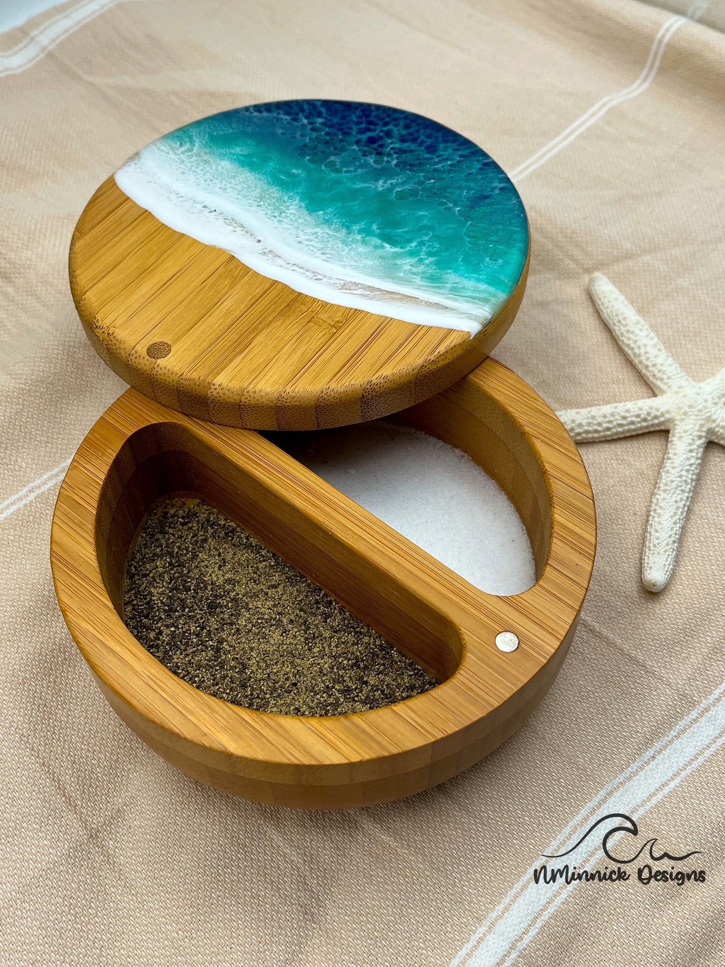 Dual Bamboo Salt and Pepper Holder with Ocean Resin Art