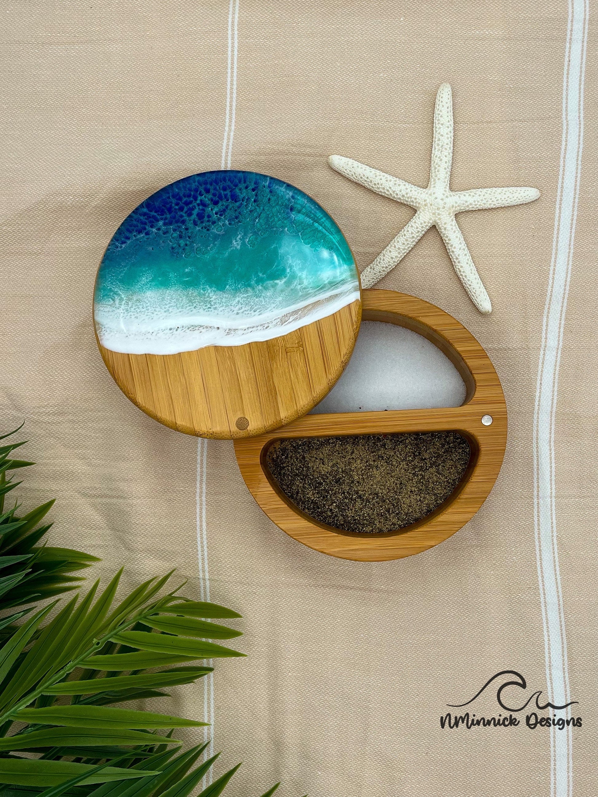 Dual Bamboo Salt and Pepper Holder with Ocean Resin Art