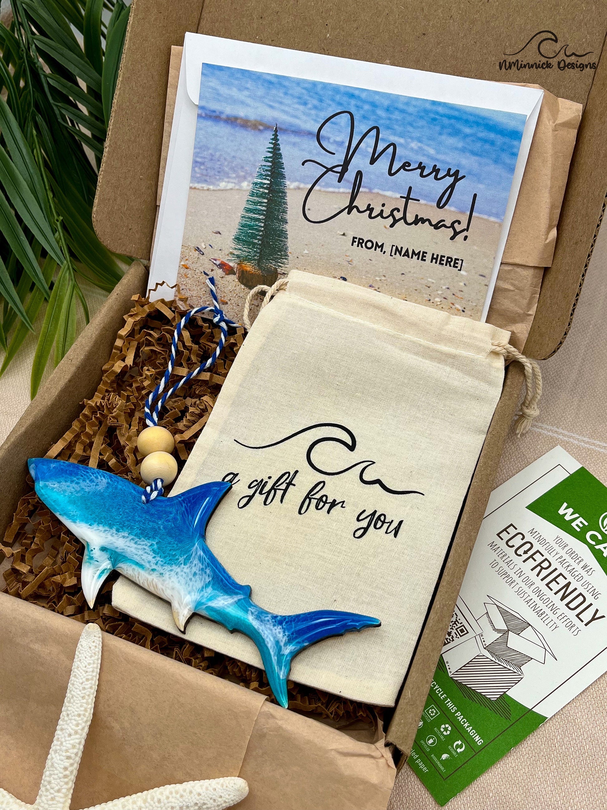 Shark Ornament Gift Box with Keepsake Ornament Gift Bag and Custom Card