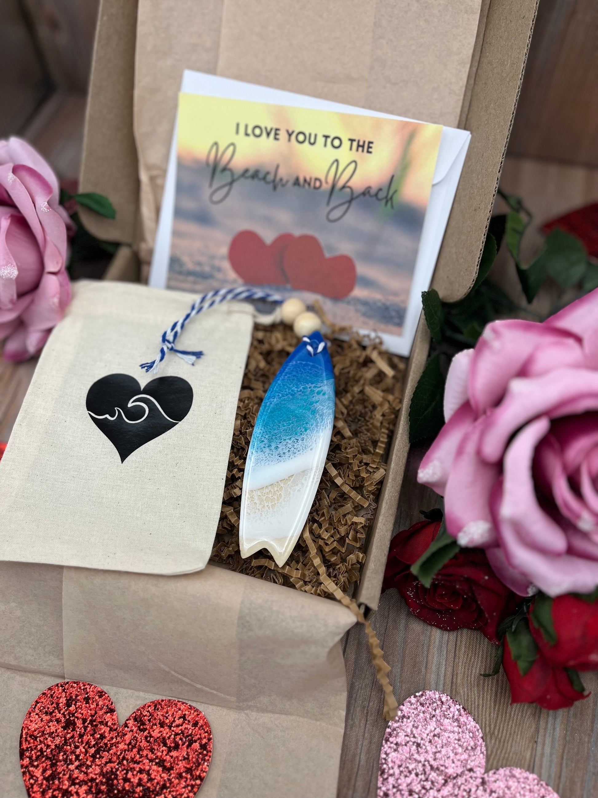 Surfboard Ornament Valentines Day Gift Box with Custom Card and Ornament Keeper Bag