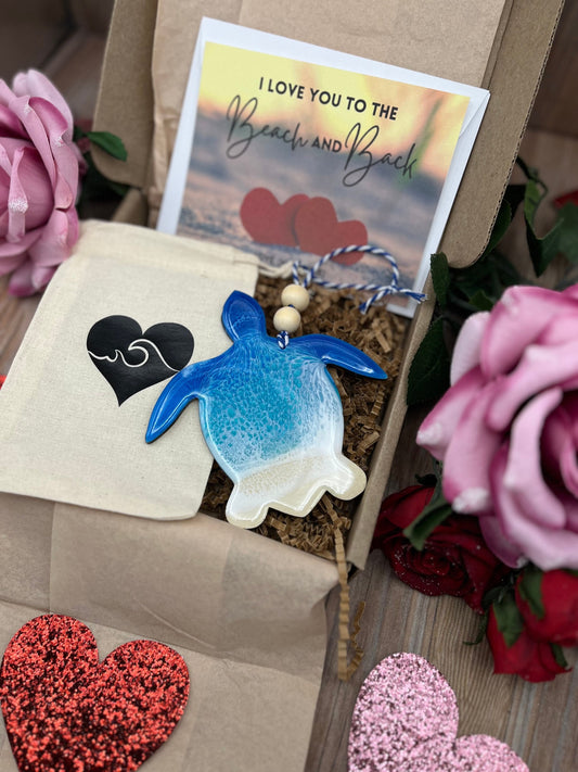 Sea Turtle Ornament Valentines Day Gift Box with Custom Card and Ornament Keeper Bag