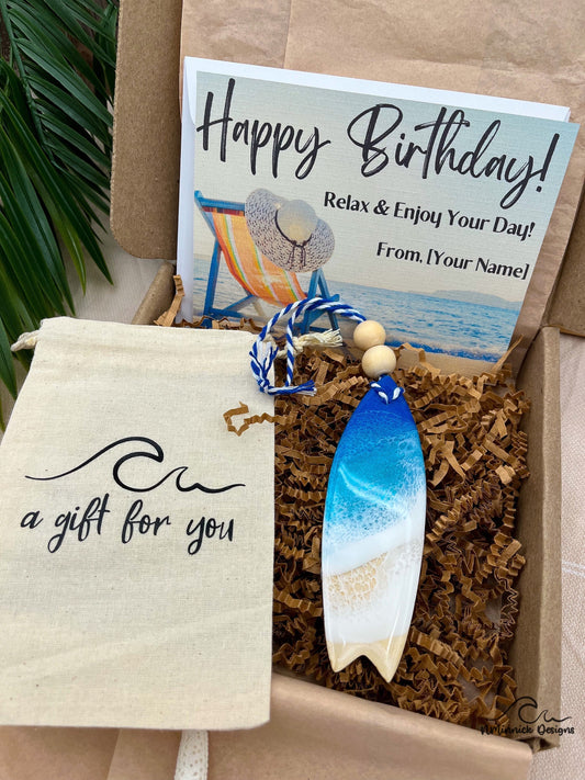 Surfboard Ornament Gift Box with Keepsake Gift Bag and Custom Card