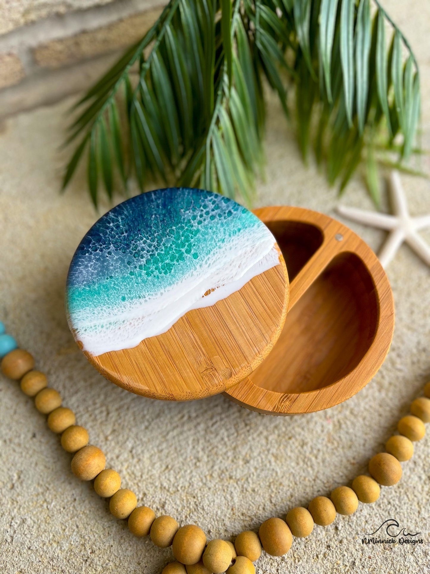 Dual Bamboo Salt and Pepper Holder with Ocean Resin Art