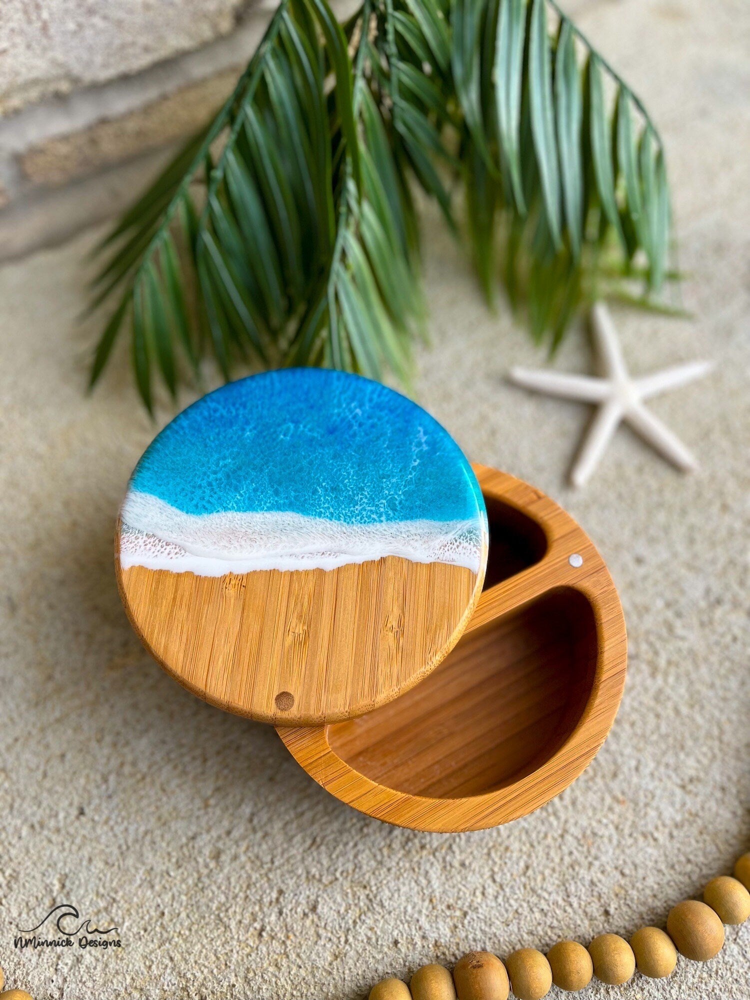 Dual Bamboo Salt and Pepper Holder with Ocean Resin Art