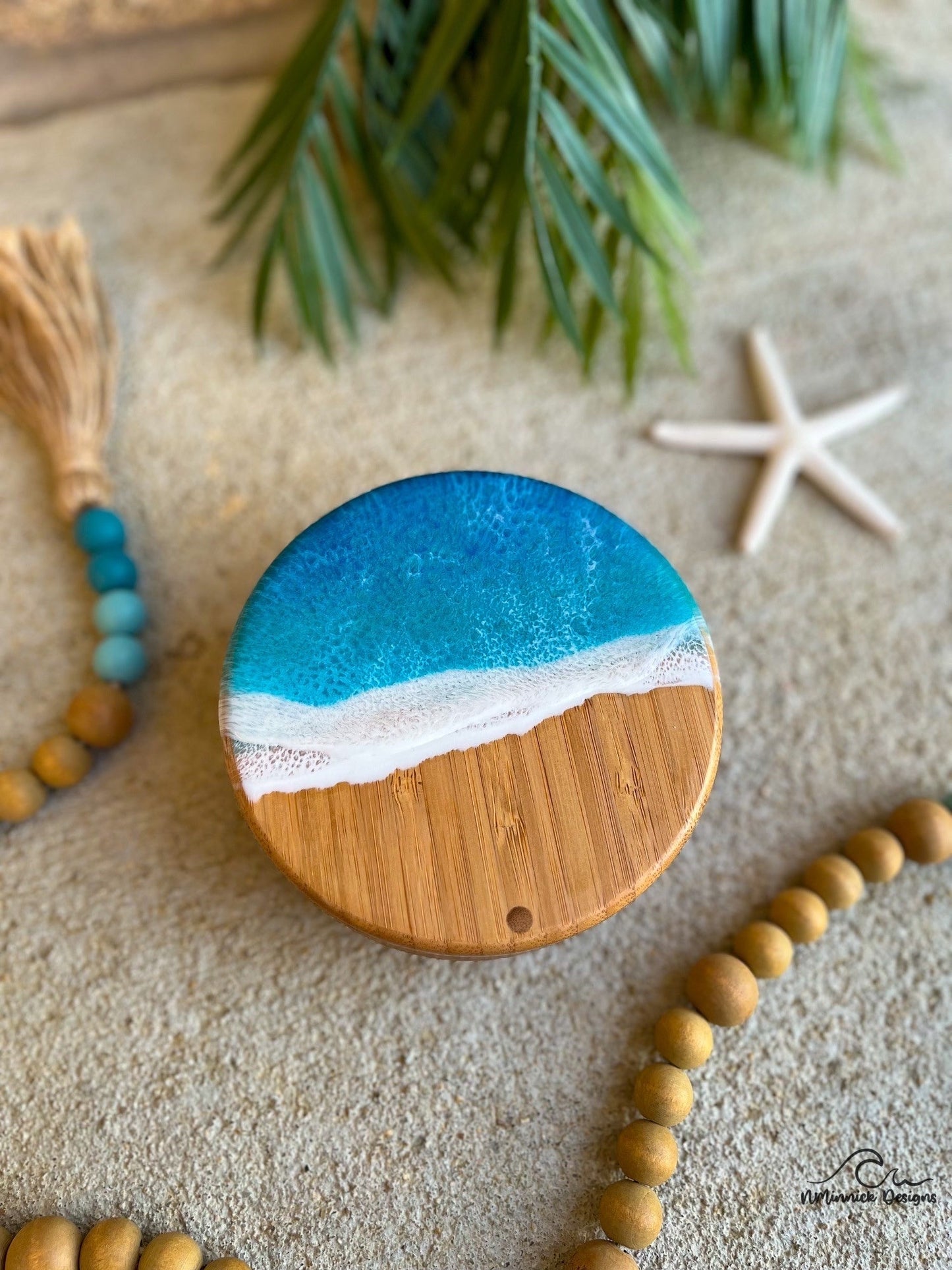 Dual Bamboo Salt and Pepper Holder with Ocean Resin Art