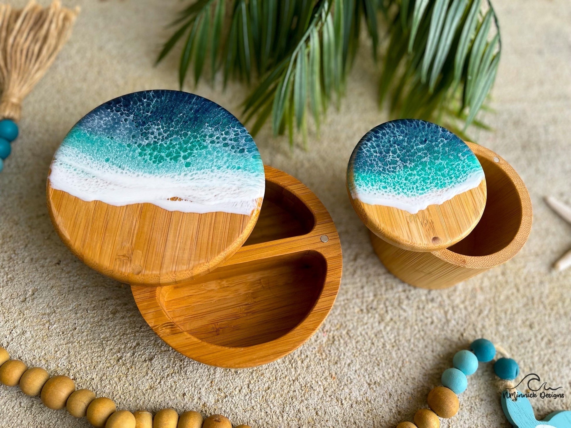 Dual Bamboo Salt and Pepper Holder with Ocean Resin Art