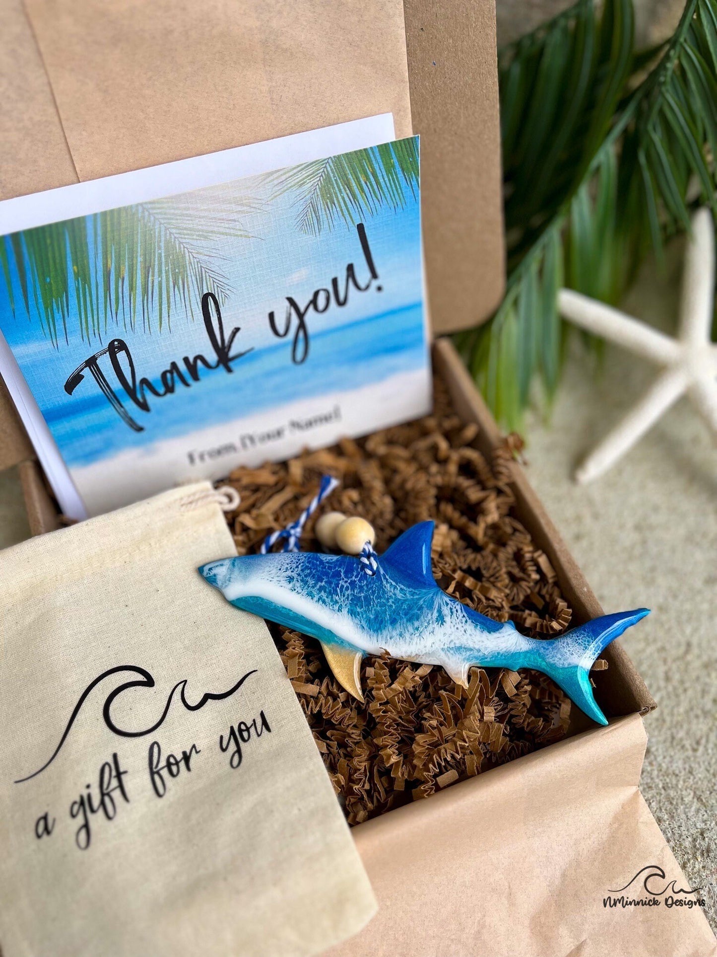 Shark Ornament Gift Box with Keepsake Ornament Gift Bag and Custom Card