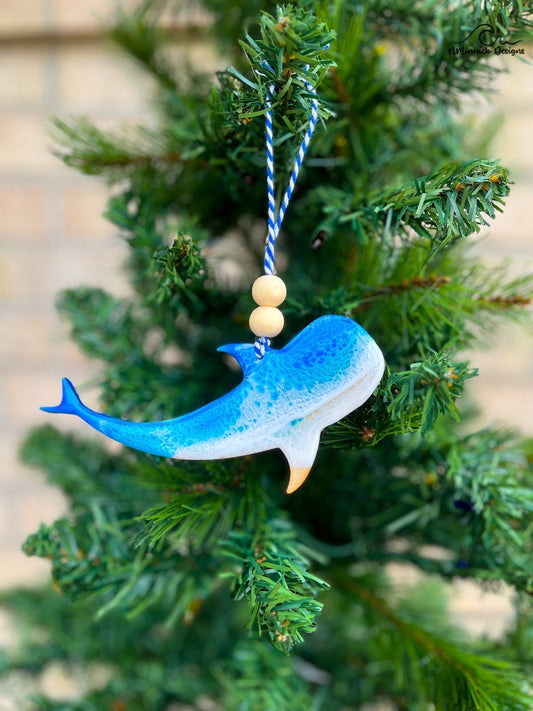 Whale shark shaped wooden ornament with one side coated in blue ocean resin wave art