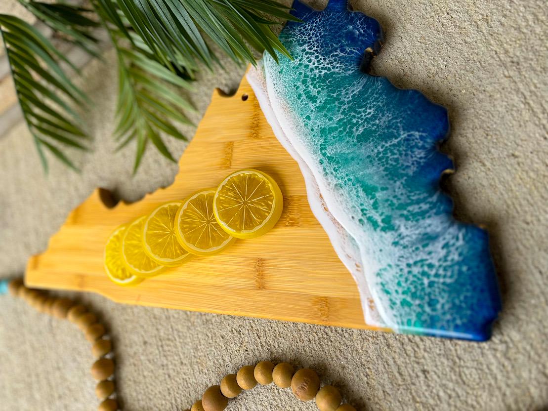 Virginia Beach Resin Bamboo Serving Board, Summer Charcuterie Board, Ocean Resin Art, Beach Gifts, Housewarming Gift