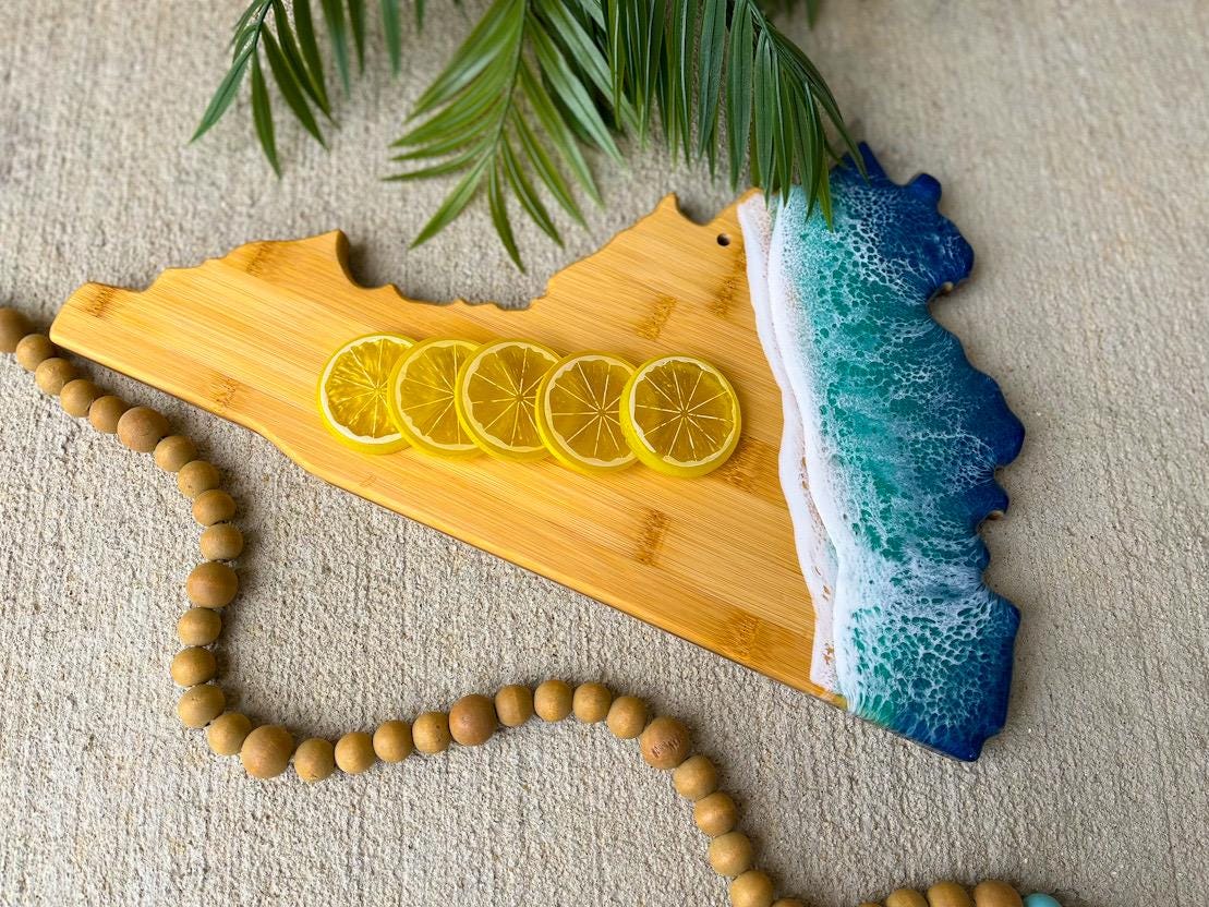 Virginia Beach Resin Bamboo Serving Board, Summer Charcuterie Board, Ocean Resin Art, Beach Gifts, Housewarming Gift