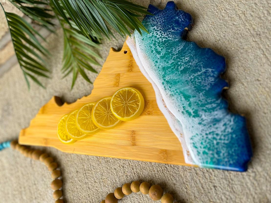 Virginia Beach Resin Bamboo Serving Board, Summer Charcuterie Board, Ocean Resin Art, Beach Gifts, Housewarming Gift