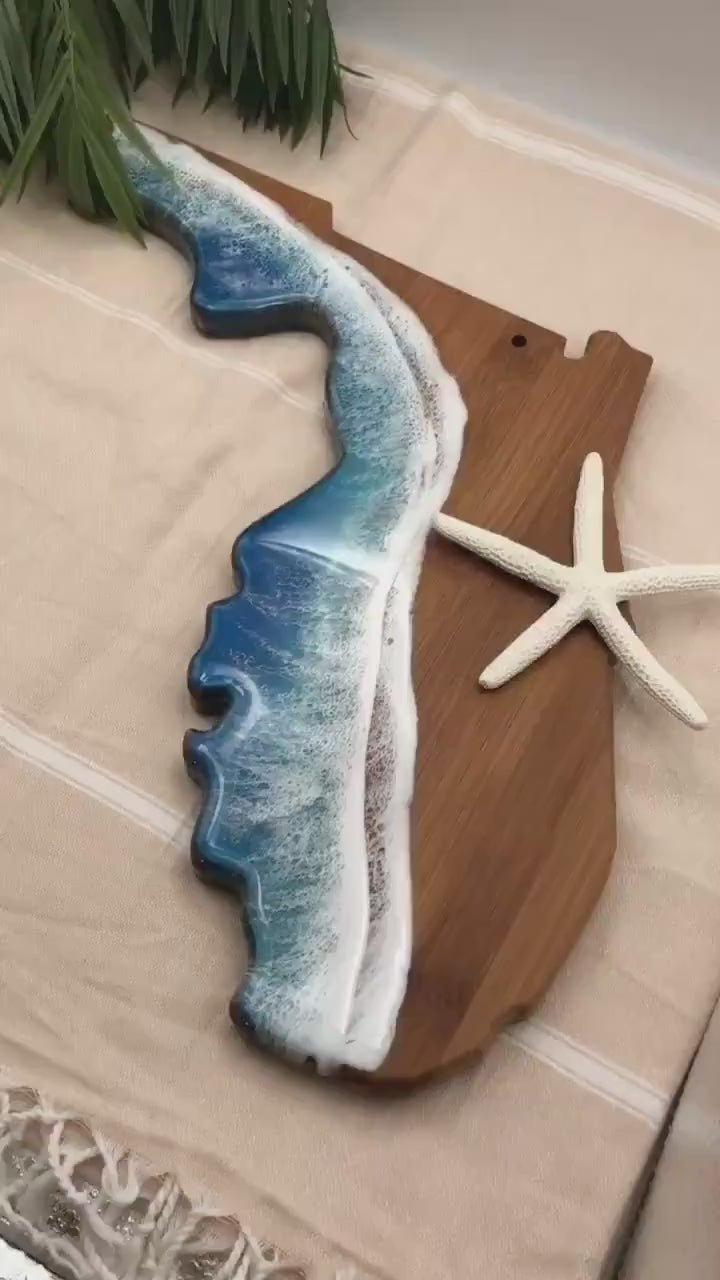 Florida Charcuterie Board, Bamboo Cutting Board, New Home Gift, Ocean Resin Serving Board, Florida Decor, Birthday Gift