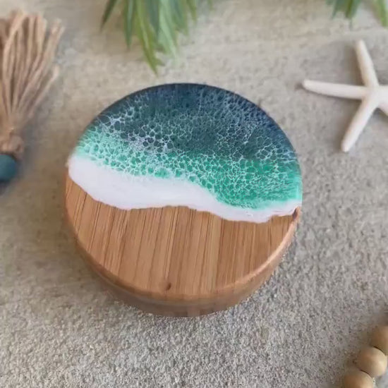 Dual Bamboo Salt and Pepper Holder with Ocean Resin Art