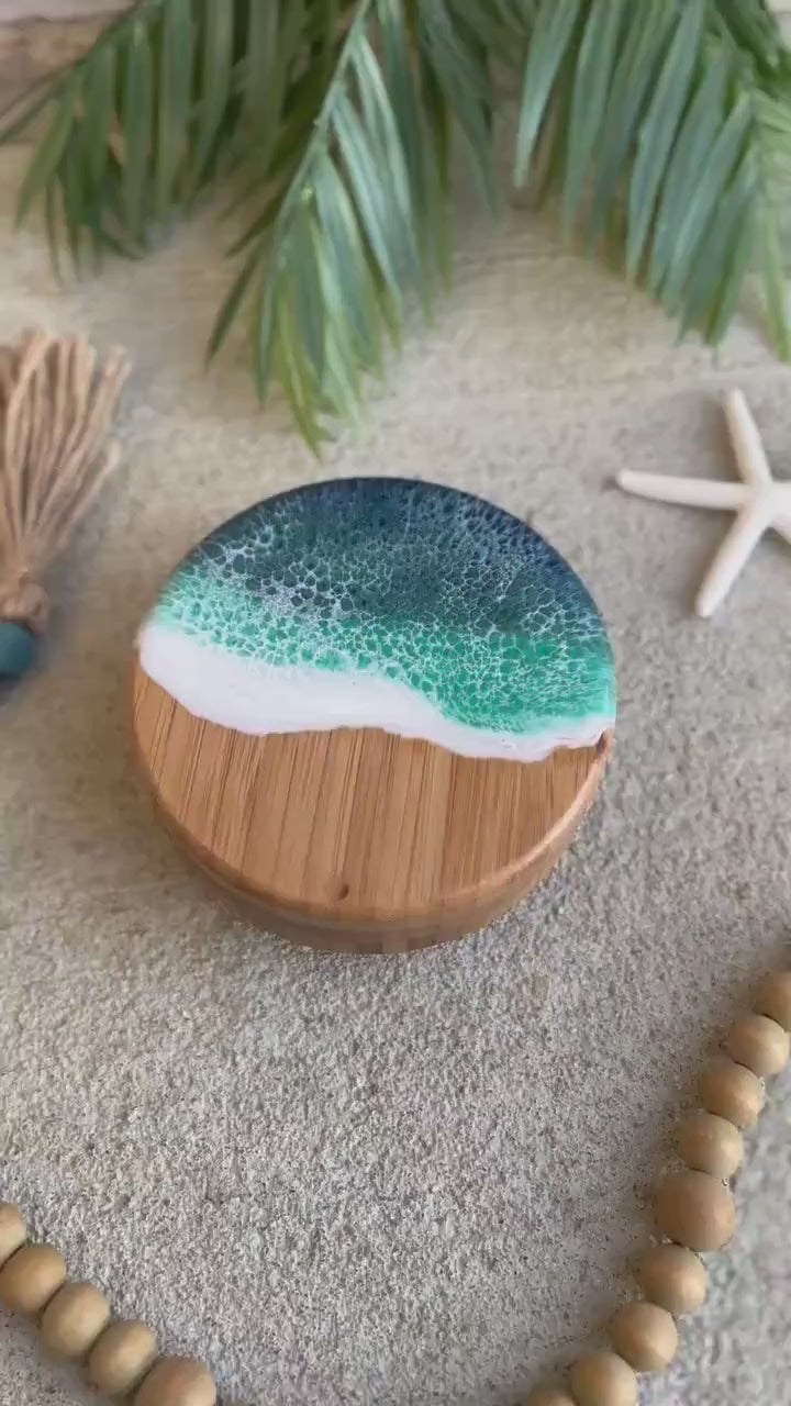 Dual Bamboo Salt and Pepper Holder with Ocean Resin Art