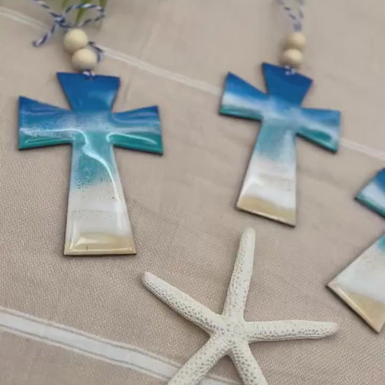 Beach Cross Ornament, Christmas Ornament, Resin Ocean, Religious Ornament, Cross Decor, Baptism Gift, Confirmation Gift