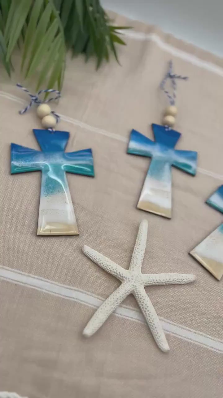 Beach Cross Ornament, Christmas Ornament, Resin Ocean, Religious Ornament, Cross Decor, Baptism Gift, Confirmation Gift