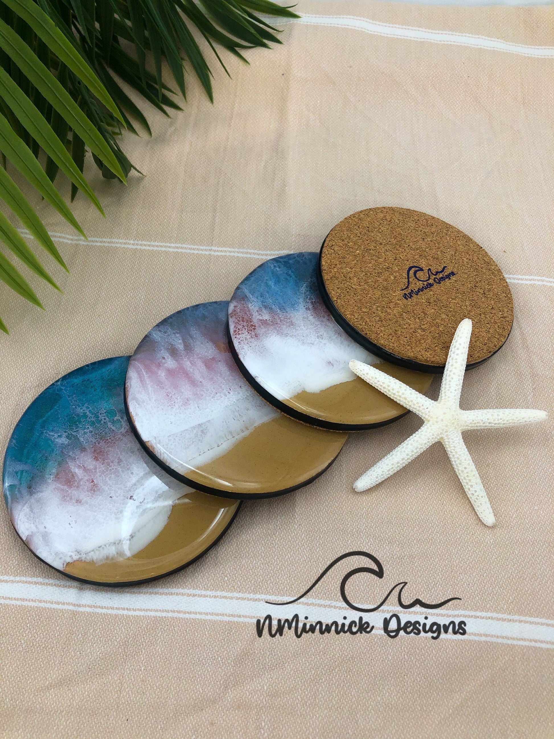 Emerald and Pink Ocean Resin Wave Coasters, Beach Themed Gifts, Resin Coaster Set, Ocean Art, Coaster Set, Beach House Decor, Anniversary