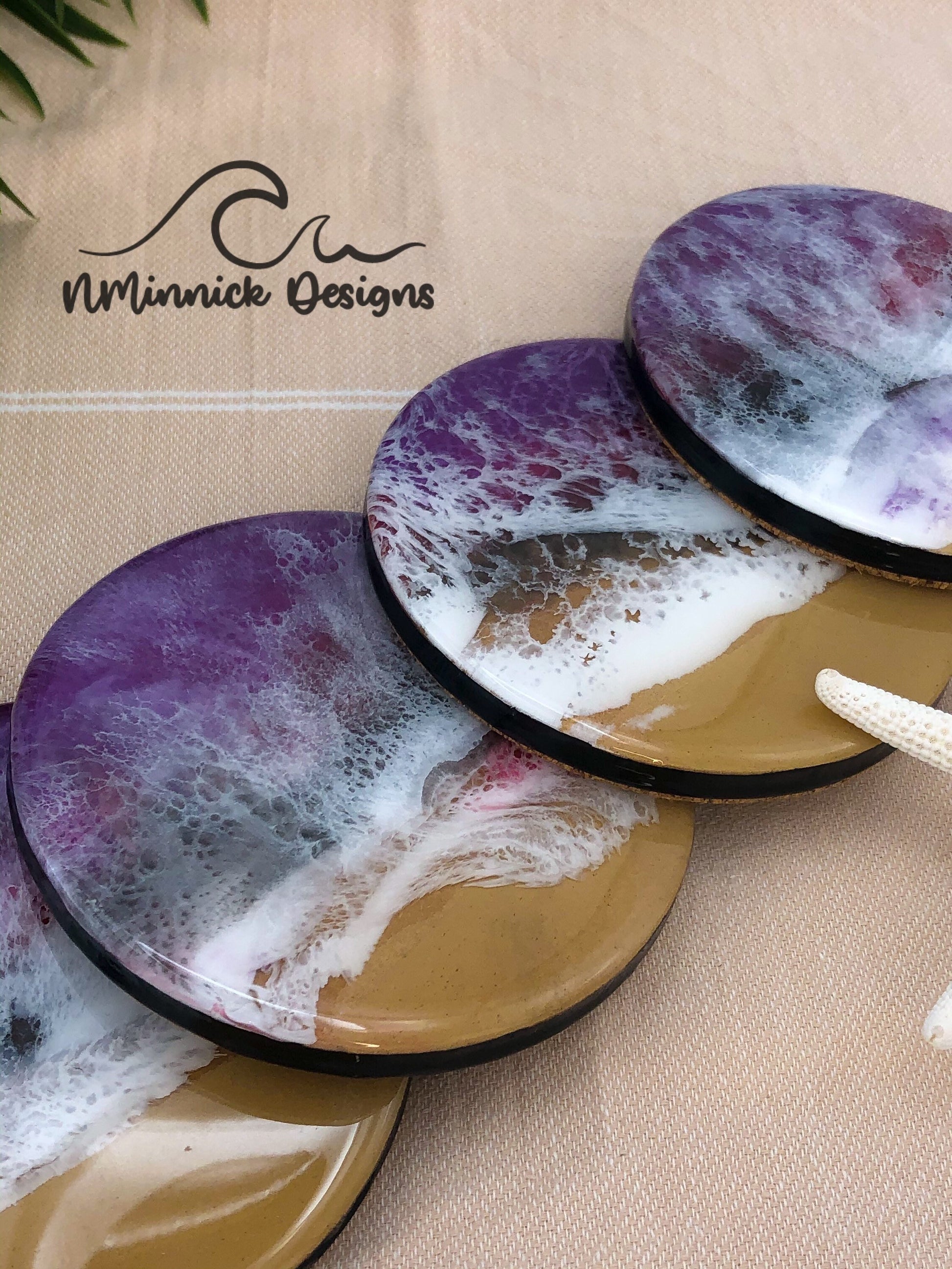 Handmade Purple, Red, and Black Ocean Resin Coasters, Unique Coasters, Drink Coasters, Beach Coasters, Resin Art, Birthday Gift for Her,