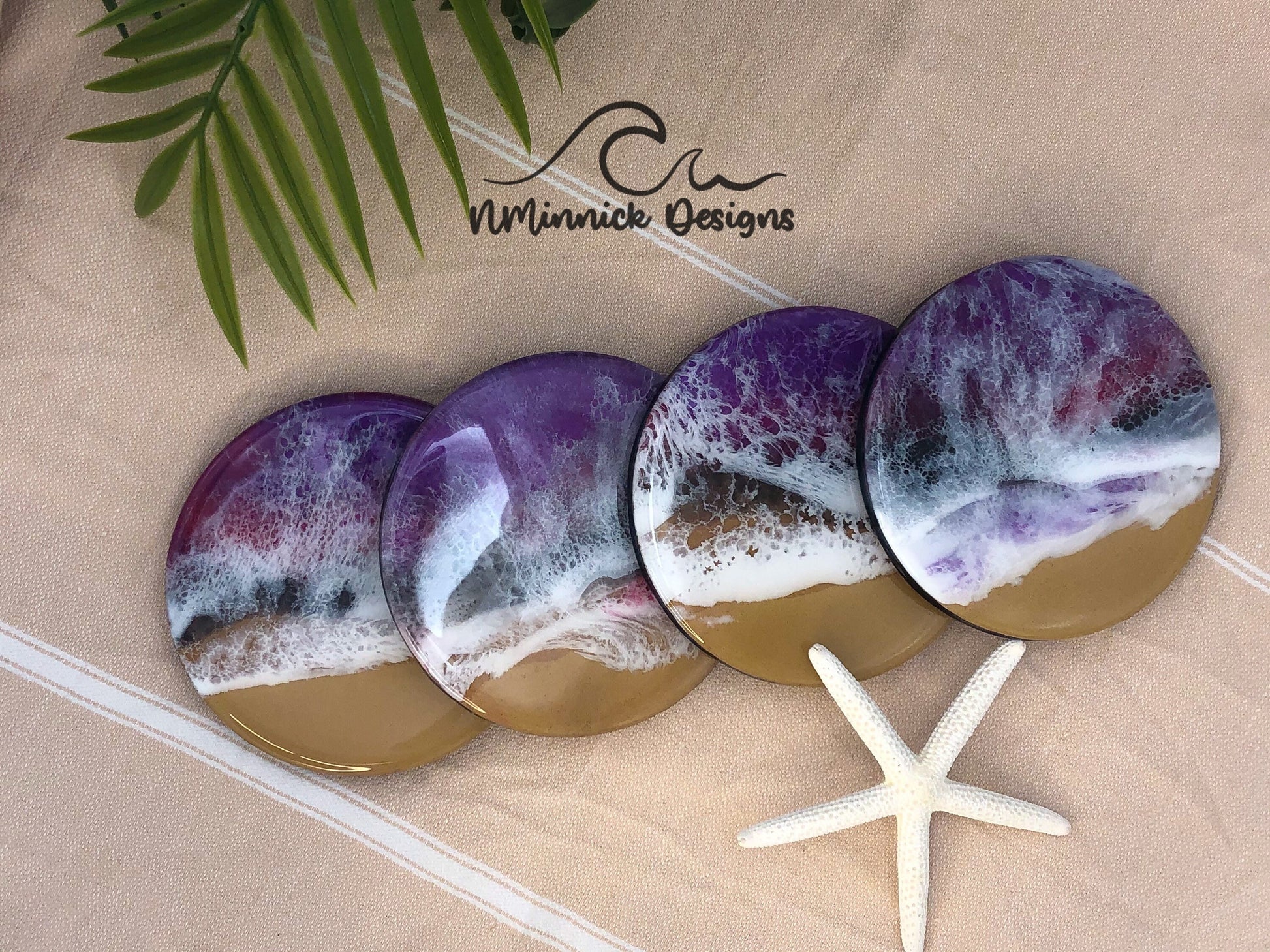 Handmade Purple, Red, and Black Ocean Resin Coasters, Unique Coasters, Drink Coasters, Beach Coasters, Resin Art, Birthday Gift for Her,