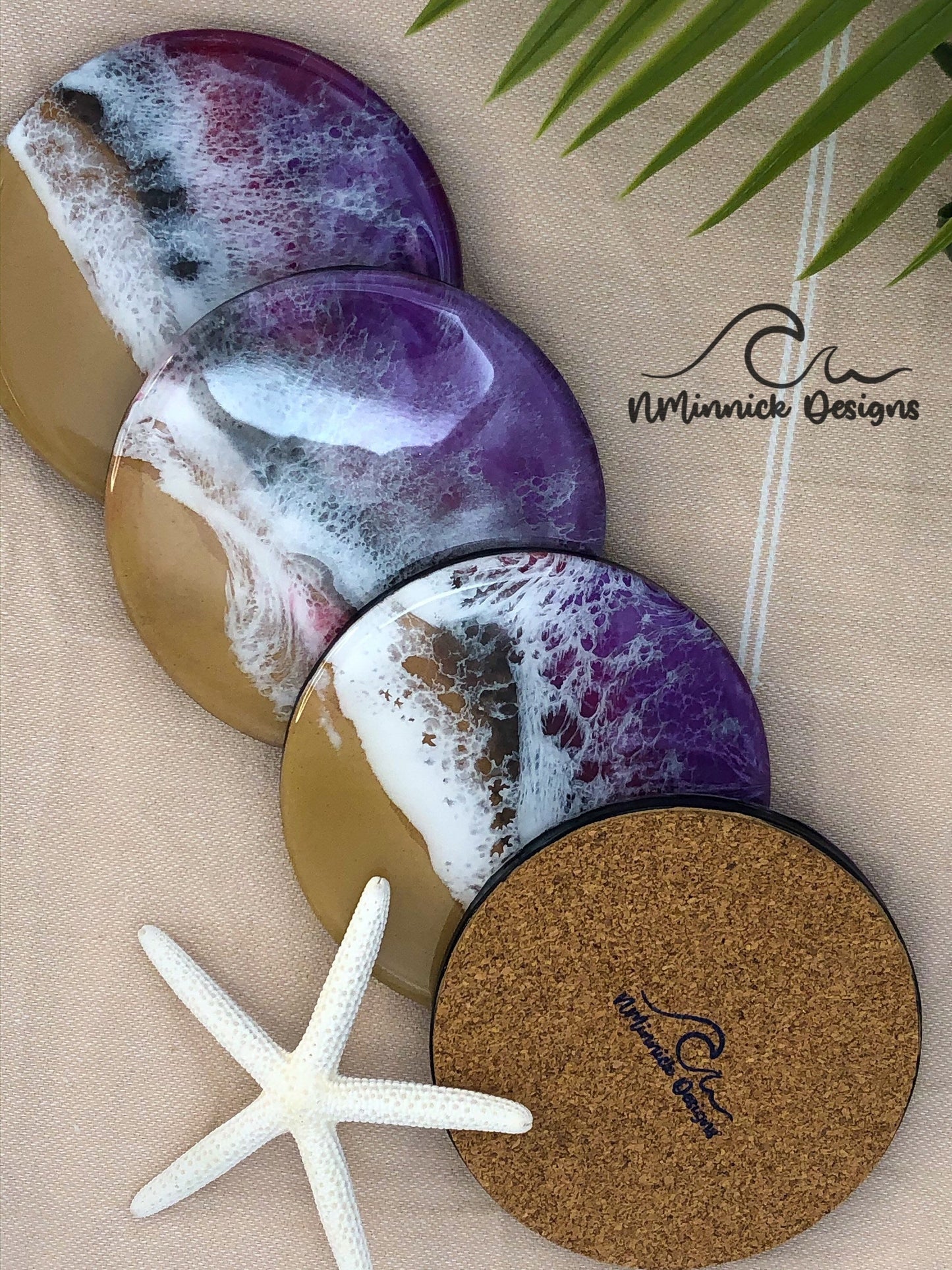 Handmade Purple, Red, and Black Ocean Resin Coasters, Unique Coasters, Drink Coasters, Beach Coasters, Resin Art, Birthday Gift for Her,