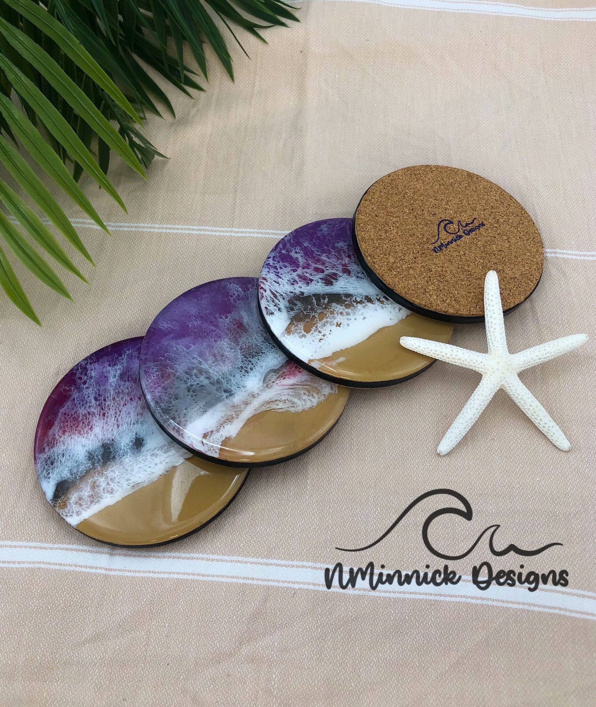 Handmade Purple, Red, and Black Ocean Resin Coasters, Unique Coasters, Drink Coasters, Beach Coasters, Resin Art, Birthday Gift for Her,