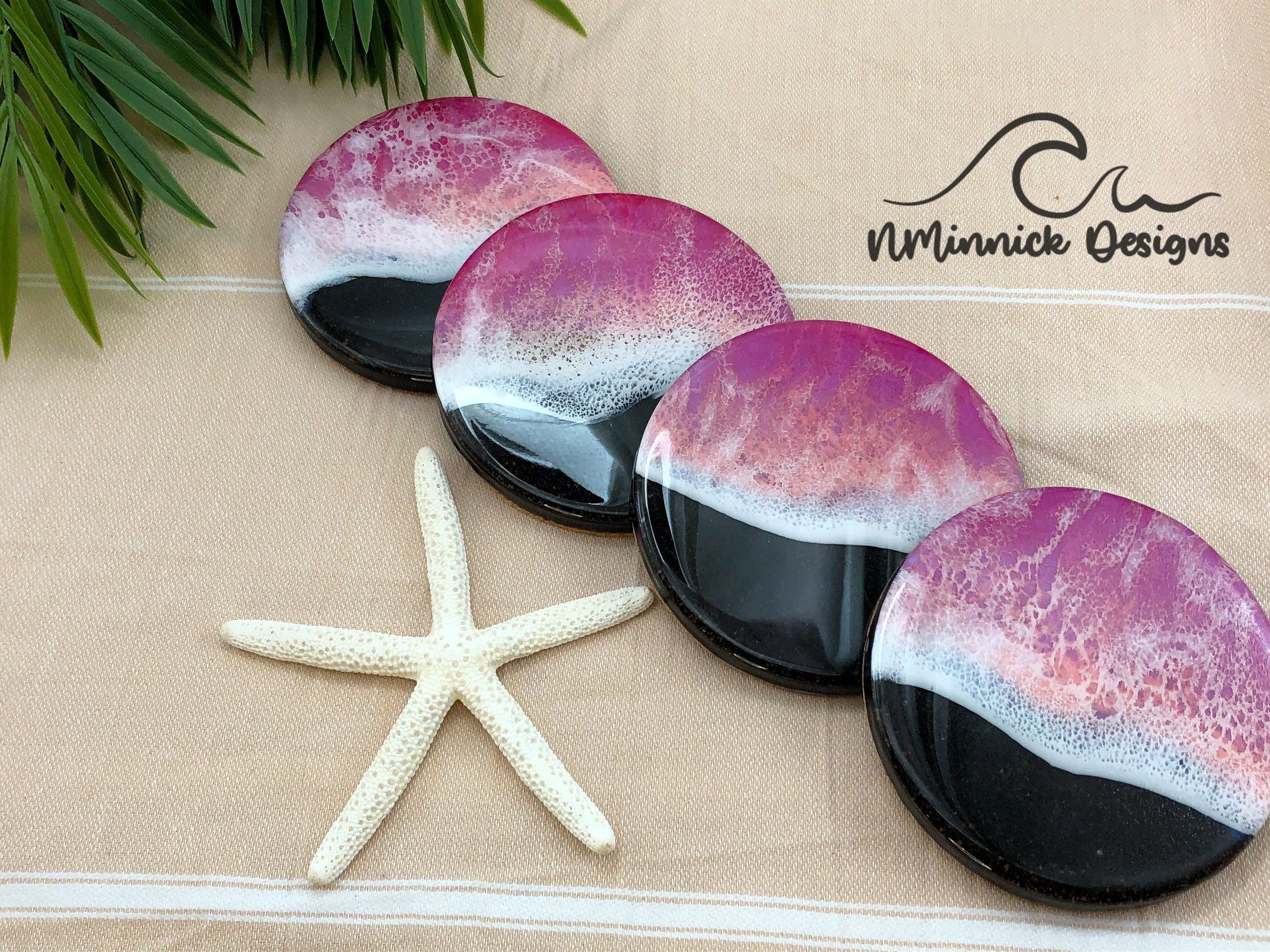 Ocean Resin Coasters Set Pink and Black Sand NMinnickDesigns