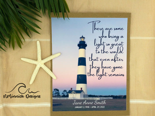 Photo of the Bodie Island lighthouse with a pastel sunset. 8x10 print with a custom name and birth death dates included at the bottom. Poem there are some who bring a light so great to the world that even after they have gone the light remains.