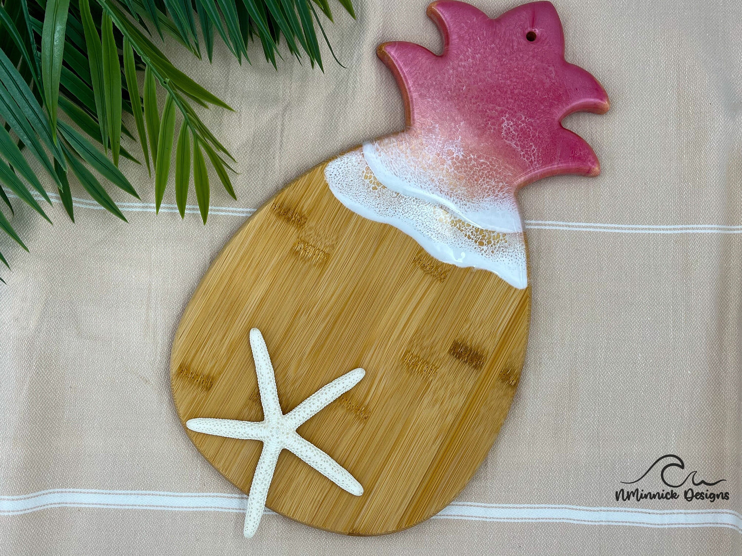 Pink Pineapple Sunrise Bamboo Serving Board with Resin Art Ocean, Pineapple Decor, Pink Charcuterie Board, Pink Christmas Gift