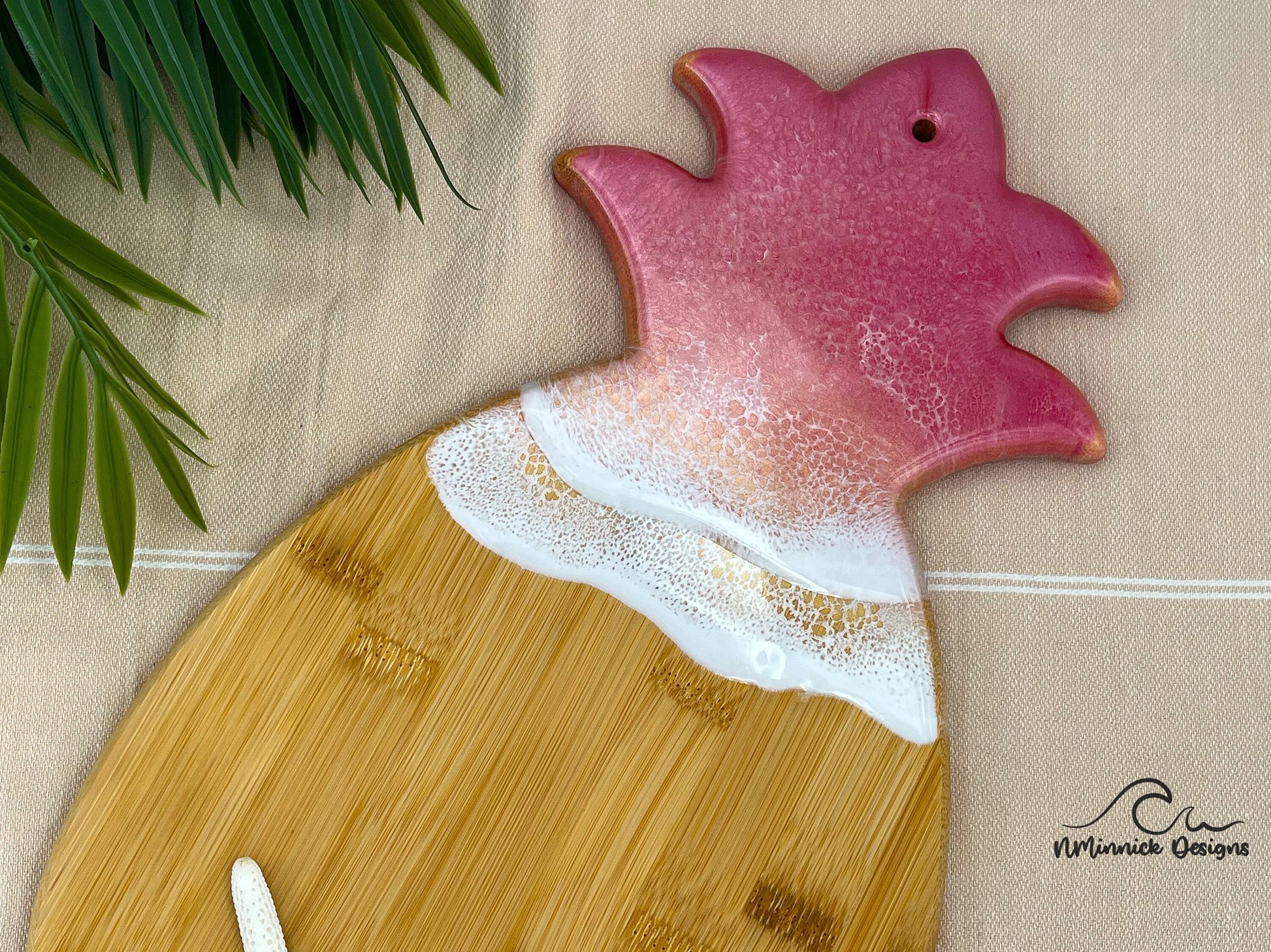 Pink Pineapple Sunrise Bamboo Serving Board with Resin Art Ocean, Pineapple Decor, Pink Charcuterie Board, Pink Christmas Gift