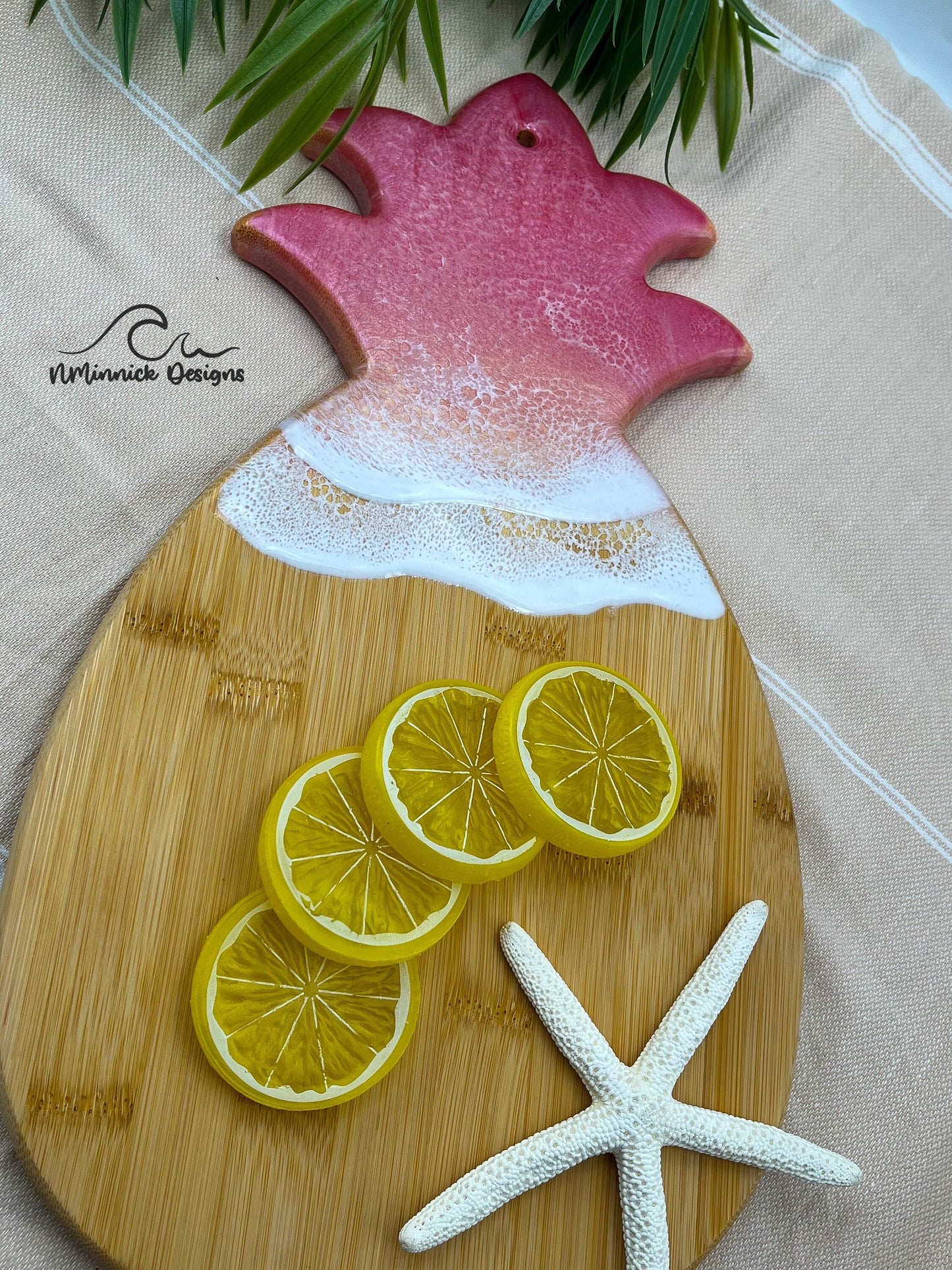 Pink Pineapple Sunrise Bamboo Serving Board with Resin Art Ocean, Pineapple Decor, Pink Charcuterie Board, Pink Christmas Gift