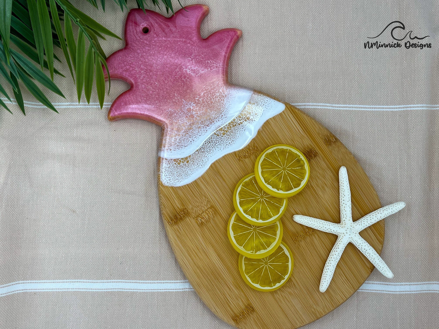 Pink Pineapple Sunrise Bamboo Serving Board with Resin Art Ocean, Pineapple Decor, Pink Charcuterie Board, Pink Christmas Gift