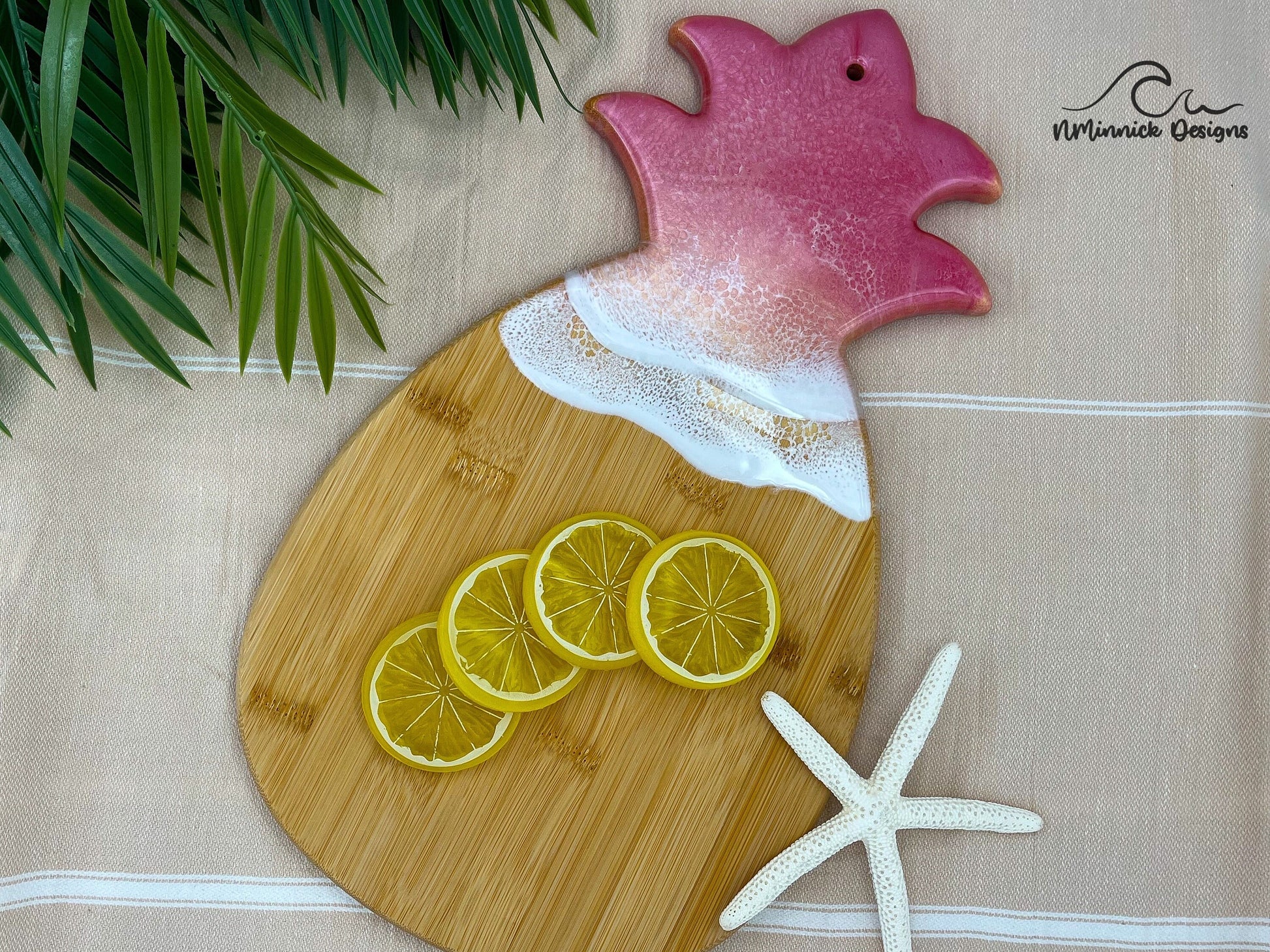 Pink Pineapple Sunrise Bamboo Serving Board with Resin Art Ocean, Pineapple Decor, Pink Charcuterie Board, Pink Christmas Gift