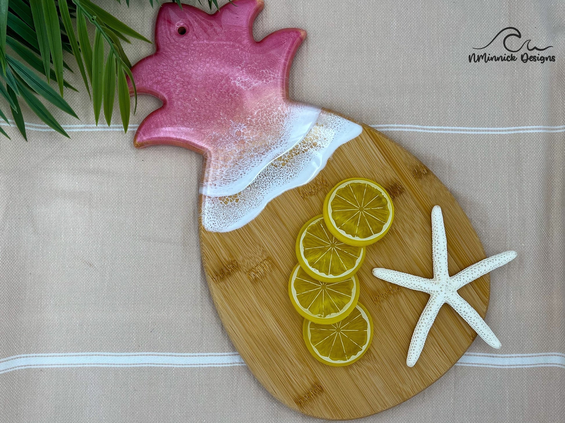 Pink Pineapple Sunrise Bamboo Serving Board with Resin Art Ocean, Pineapple Decor, Pink Charcuterie Board, Pink Christmas Gift