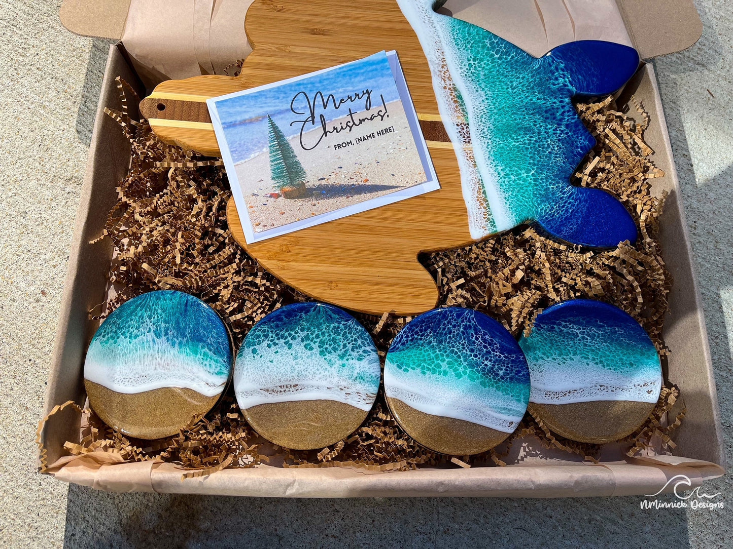 Sea Turtle Serving Board and Coaster Christmas Gift Box, Ocean Resin Art, Sea Turtle Decor, Beach Gifts