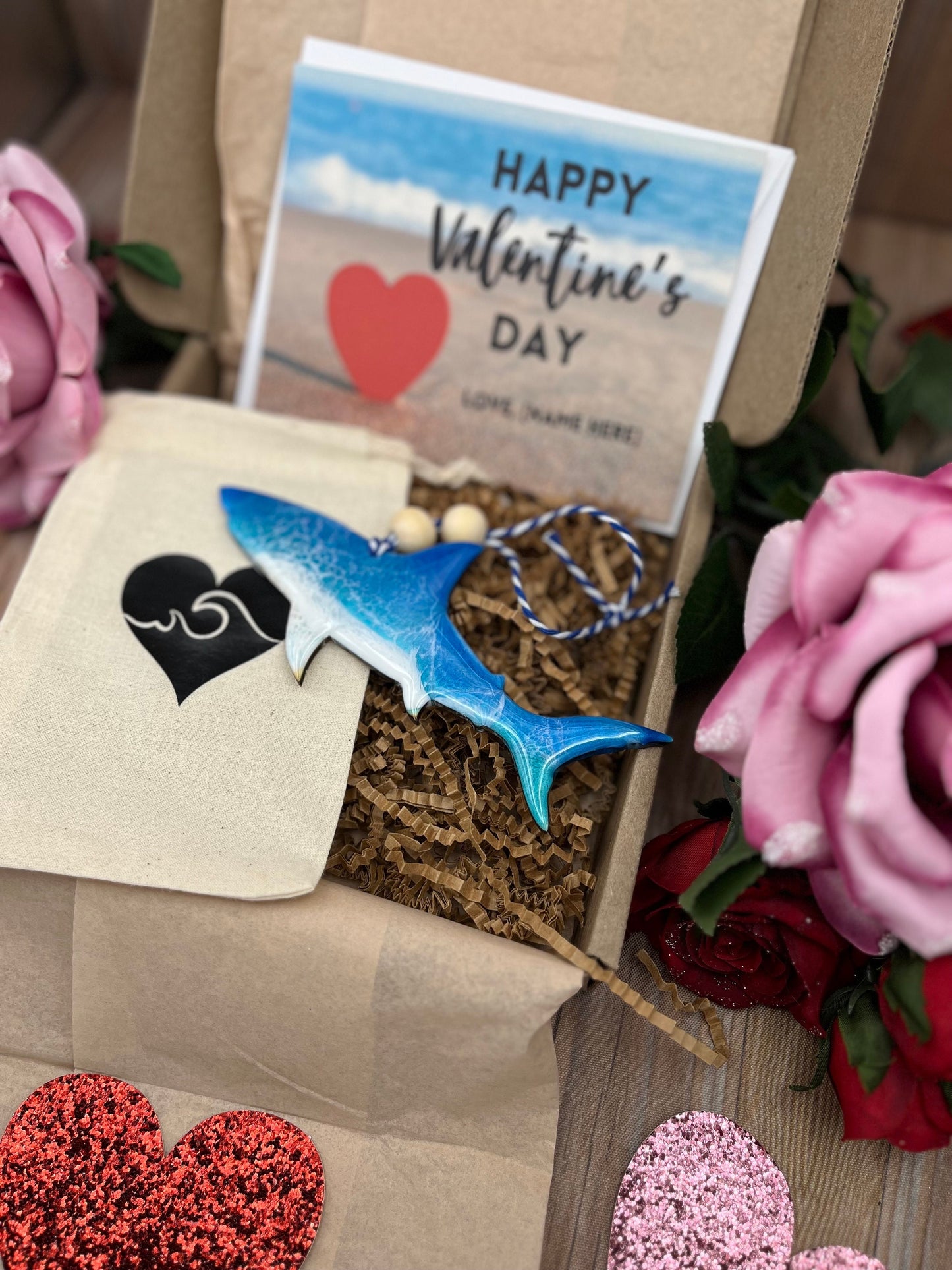 Shark Ornament, Valentines Day Gift Box with Custom Card and Ornament Keeper Bag, Shark Gift, Shark Decor