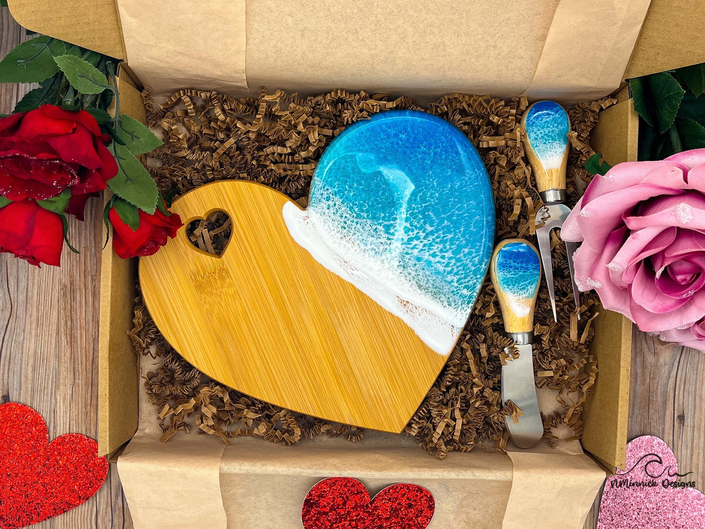 Ocean Resin Mini Heart Shaped Cheese Tray, Valentine Gift Set, Charcuterie Board, Beach Lover Gift, Valentines Gift, Coastal Gift