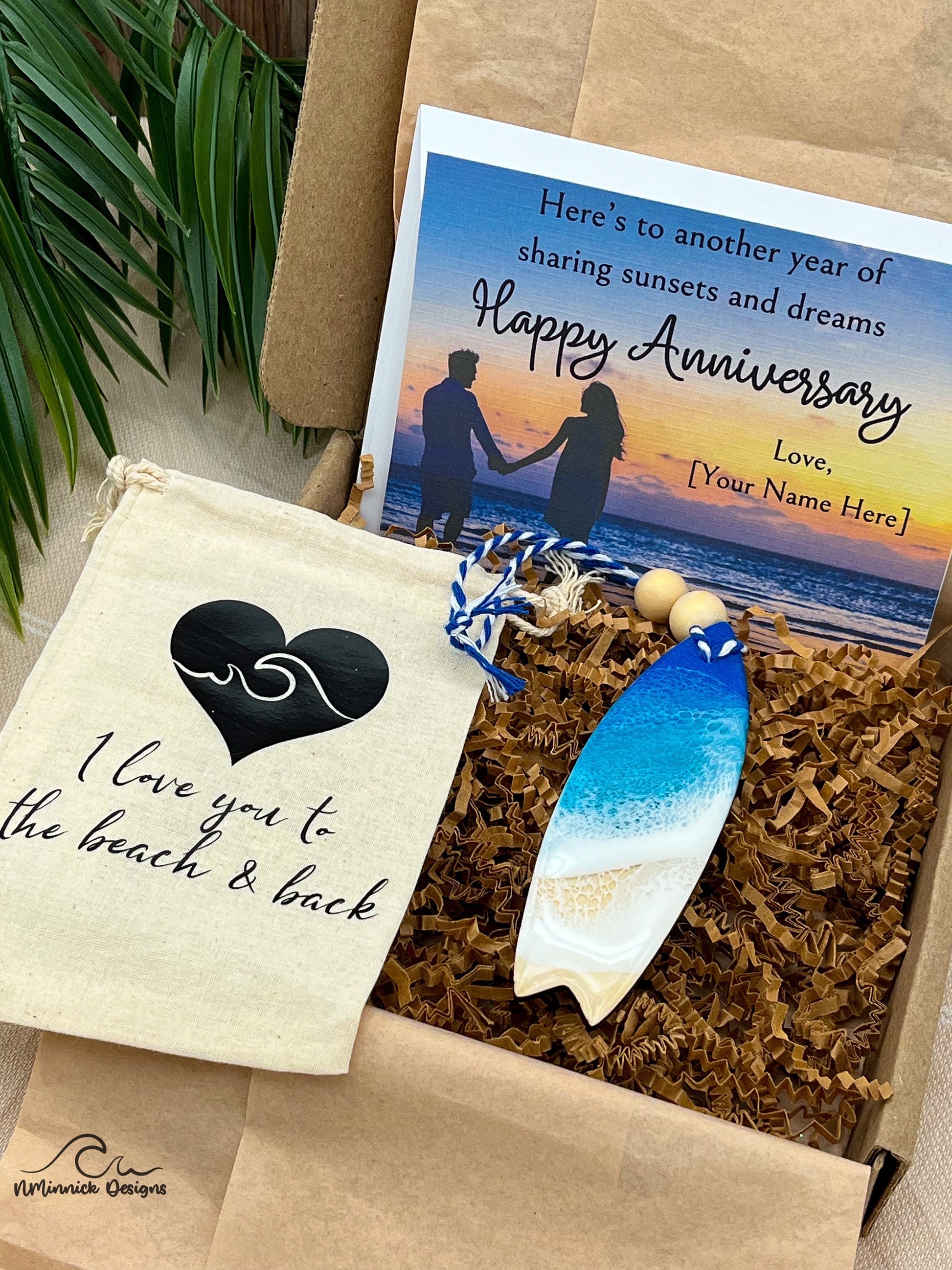 Surfboard Ornament Valentines Day Gift Box with Custom Card and Ornament Keeper Bag